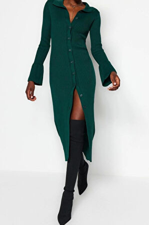 Yeni Slim Casual Günlük Dolu İğne Triko Polo Yaka Uzun Kol Shift Maxi Boy Elbise