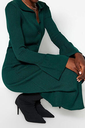 Yeni Slim Casual Günlük Dolu İğne Triko Polo Yaka Uzun Kol Shift Maxi Boy Elbise