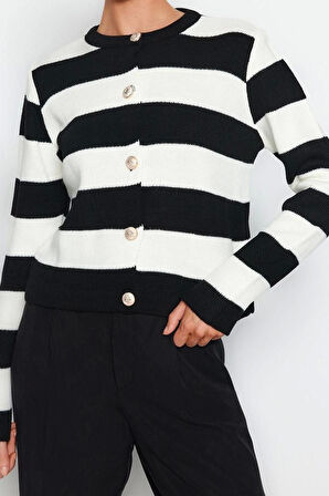 Kadın Moda Şık Bisiklet Yaka Standart Kol Regular Çizgili Basic Triko Hırka