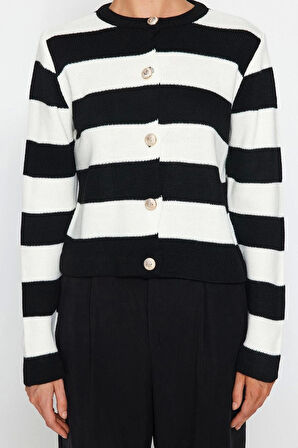 Kadın Moda Şık Bisiklet Yaka Standart Kol Regular Çizgili Basic Triko Hırka