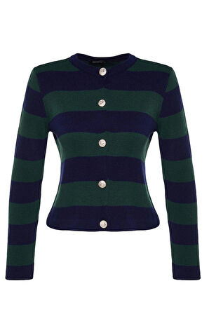 Kadın Moda Şık Regular Bisiklet Yaka Uzun Kol Çizgili Basic Ceket Görünümlü Triko Hırka