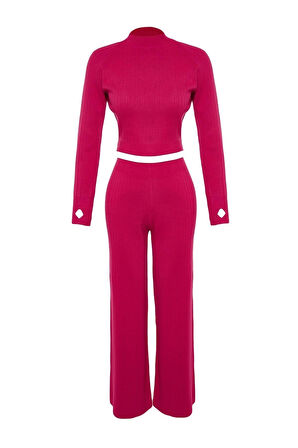 Kadın Moda Şık Boru Paça Crop Boy Uzun Kollu Crop Parmak Detaylı Triko Alt-Üst Takım