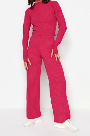 Kadın Moda Şık Boru Paça Crop Boy Uzun Kollu Crop Parmak Detaylı Triko Alt-Üst Takım
