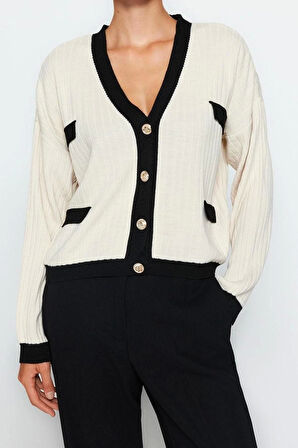 Kadın Moda Şık V Yaka Standart Kol Regular Renk Bloklu Triko Hırka