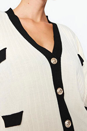 Kadın Moda Şık V Yaka Standart Kol Regular Renk Bloklu Triko Hırka