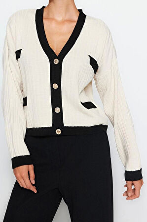 Kadın Moda Şık V Yaka Standart Kol Regular Renk Bloklu Triko Hırka