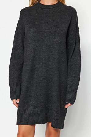 Yeni Oversize Casual Günlük Çift Plaka Triko Bisiklet Yaka Uzun Kol Shift Mini Boy Elbise