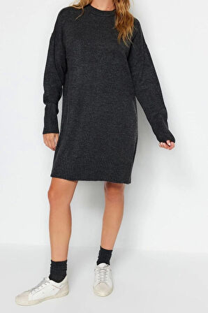 Yeni Oversize Casual Günlük Çift Plaka Triko Bisiklet Yaka Uzun Kol Shift Mini Boy Elbise