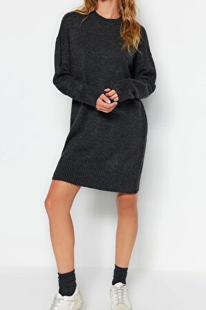 Yeni Oversize Casual Günlük Çift Plaka Triko Bisiklet Yaka Uzun Kol Shift Mini Boy Elbise