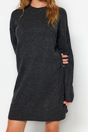 Yeni Oversize Casual Günlük Çift Plaka Triko Bisiklet Yaka Uzun Kol Shift Mini Boy Elbise