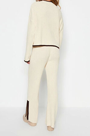 Kadın Moda Şık Boru Paça Crop Boy Uzun Kollu Crop Fitilli Renk Bloklu Triko Alt-Üst Takım