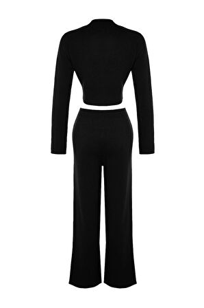 Kadın Moda Şık Boru Paça Crop Boy Uzun Kollu Crop Basic Triko Alt-Üst Takım