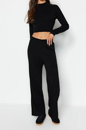 Kadın Moda Şık Boru Paça Crop Boy Uzun Kollu Crop Basic Triko Alt-Üst Takım