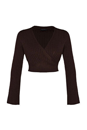 Kadın Moda Şık Kruvaze Standart Kol Crop Yumuşak Dokulu Triko Kazak