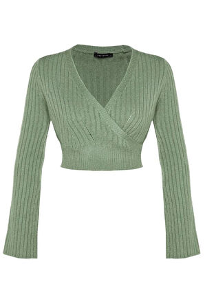 Kadın Moda Şık Crop Kruvaze Uzun Kol Düz Crop Yumuşak Dokulu Kruvaze Triko Kazak