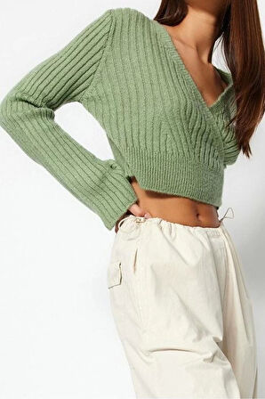 Kadın Moda Şık Crop Kruvaze Uzun Kol Düz Crop Yumuşak Dokulu Kruvaze Triko Kazak