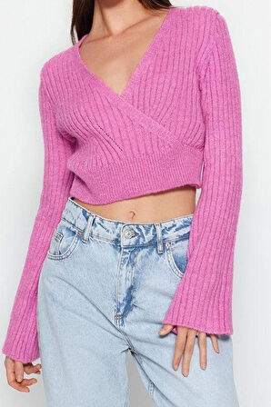 Kadın Moda Şık Crop Kruvaze Uzun Kol Düz Crop Yumuşak Dokulu Kruvaze Triko Kazak