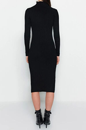 Yeni Slim Casual Günlük Fitilli Triko Dik Yaka Uzun Kol Bodycone Midi Boy Elbise