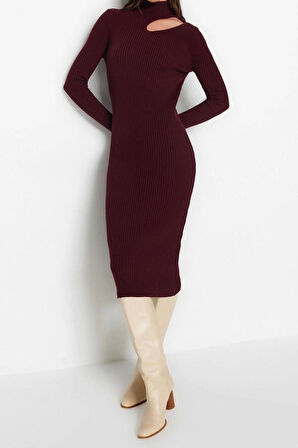 Yeni Slim Casual Günlük Fitilli Triko Dik Yaka Uzun Kol Bodycone Midi Boy Elbise