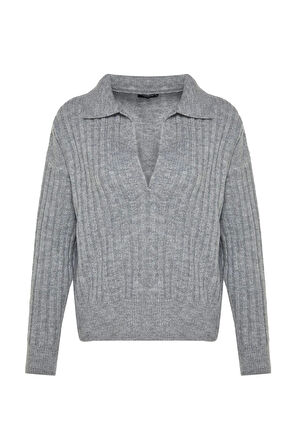 Kadın Moda Şık Polo Yaka Standart Kol Regular Yumuşak Dokulu Triko Kazak