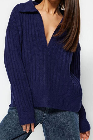 Kadın Moda Şık Polo Yaka Standart Kol Regular Yumuşak Dokulu Triko Kazak