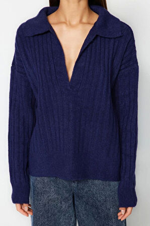 Kadın Moda Şık Polo Yaka Standart Kol Regular Yumuşak Dokulu Triko Kazak