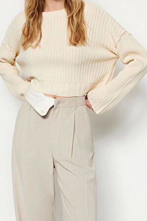 Kadın Moda Şık Bisiklet Yaka Standart Kol Crop Süper Triko Kazak