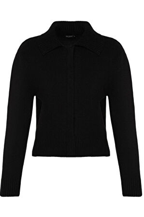 Kadın Moda Şık Regular Polo Yaka Regular Yumuşak Dokulu Fermuarlı Devrik Yaka Triko Hırka
