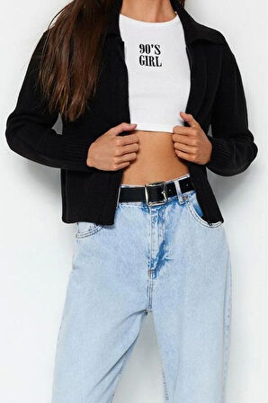 Kadın Moda Şık Regular Polo Yaka Regular Yumuşak Dokulu Fermuarlı Devrik Yaka Triko Hırka