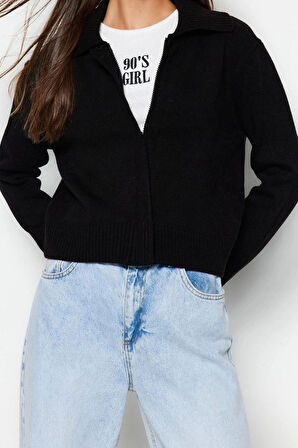 Kadın Moda Şık Regular Polo Yaka Regular Yumuşak Dokulu Fermuarlı Devrik Yaka Triko Hırka