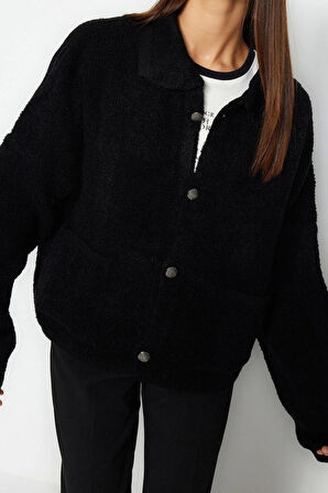 Kadın Moda Şık Regular Polo Yaka Oversize Süper Geniş Kalıp Polo Yaka Buklet Triko Hırka