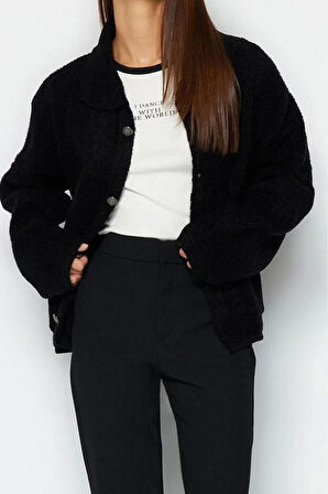 Kadın Moda Şık Regular Polo Yaka Oversize Süper Geniş Kalıp Polo Yaka Buklet Triko Hırka