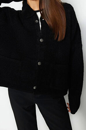 Kadın Moda Şık Regular Polo Yaka Oversize Süper Geniş Kalıp Polo Yaka Buklet Triko Hırka