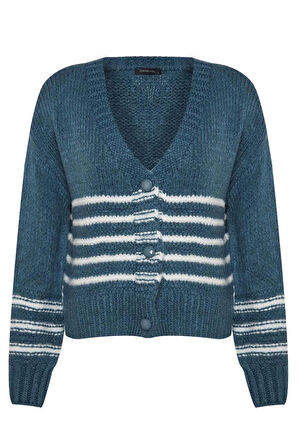 Kadın Moda Şık Regular V Yaka Uzun Kol Çizgili Yumuşak Dokulu Triko Hırka