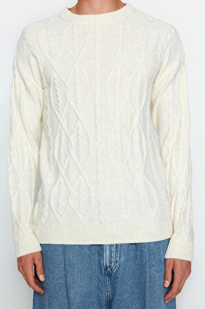 Erkek Moda Şık Regular Bisiklet Yaka Uzun Kol Saç Örgü Oversize Triko Kazak