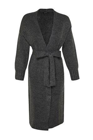 Kadın Moda Şık Tesettür Uzun Şal Yaka Relaxed Kuşaklı Uzun Selanik Örgü Triko Hırka
