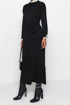 Yeni Regular Casual Günlük Pike Triko Dik Yaka Uzun Kol Shift Maxi Boy Tesettür Elbise