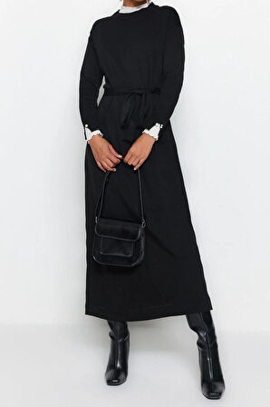 Yeni Regular Casual Günlük Pike Triko Dik Yaka Uzun Kol Shift Maxi Boy Tesettür Elbise