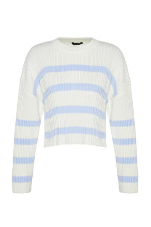 Kadın Moda Şık Bisiklet Yaka Standart Kol Crop Çizgili Triko Kazak