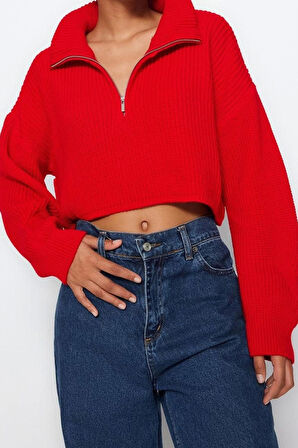 Kadın Moda Şık Crop Dik Yaka Uzun Kol Düz Süper Crop Fermuarlı Triko Kazak