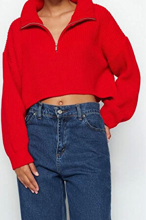 Kadın Moda Şık Crop Dik Yaka Uzun Kol Düz Süper Crop Fermuarlı Triko Kazak