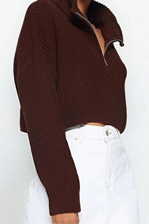 Kadın Moda Şık Dik Yaka Standart Kol Crop Süper Fermuarlı Triko Kazak