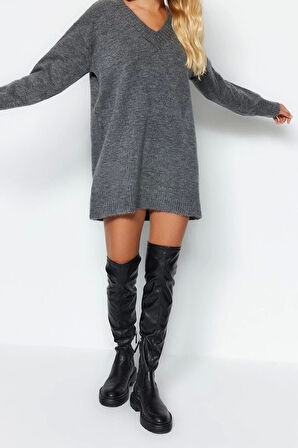 Yeni Oversize Casual Günlük Dolu İğne Triko V Yaka Uzun Kol Kazak Elbise Mini Boy Elbise