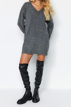 Yeni Oversize Casual Günlük Dolu İğne Triko V Yaka Uzun Kol Kazak Elbise Mini Boy Elbise