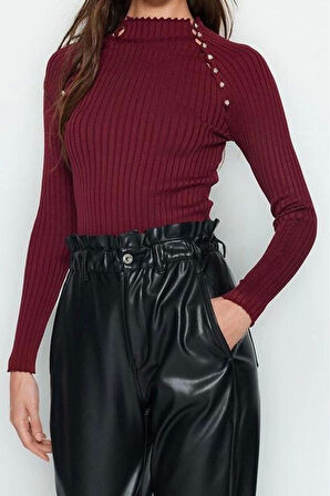 Kadın Moda Şık Dik Yaka Standart Kol Regular Pencere Cut Out Aksesuar Detaylı Triko Kazak