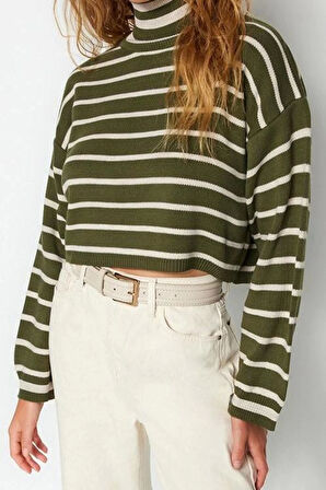 Kadın Moda Şık Balıkçı Yaka Düşük Kol Crop Çizgili Triko Kazak