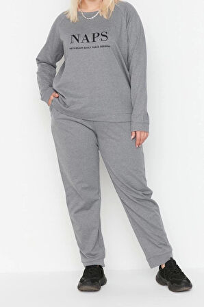 Büyük Beden Kadın Pamuk Polyester Bisiklet Yaka Uzun Kol Baskılı Pamuklu Örme Pijama Takımı