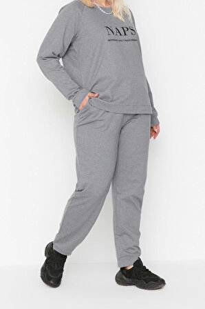 Büyük Beden Kadın Pamuk Polyester Bisiklet Yaka Uzun Kol Baskılı Pamuklu Örme Pijama Takımı