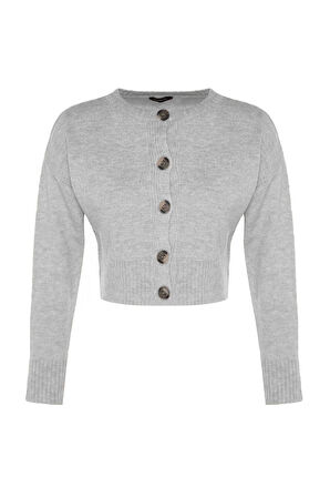 Kadın Moda Şık Bisiklet Yaka Düşük Kol Crop Yumuşak Dokulu Düğmeli Triko Hırka