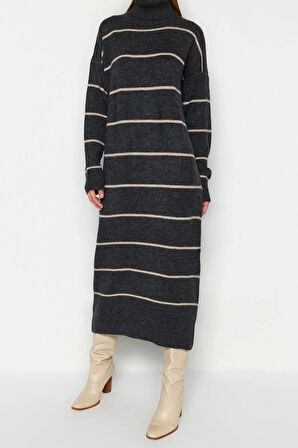 Yeni Oversize Casual Günlük Çift Plaka Triko Balıkçı Yaka Uzun Kol Shift Maxi Boy Elbise